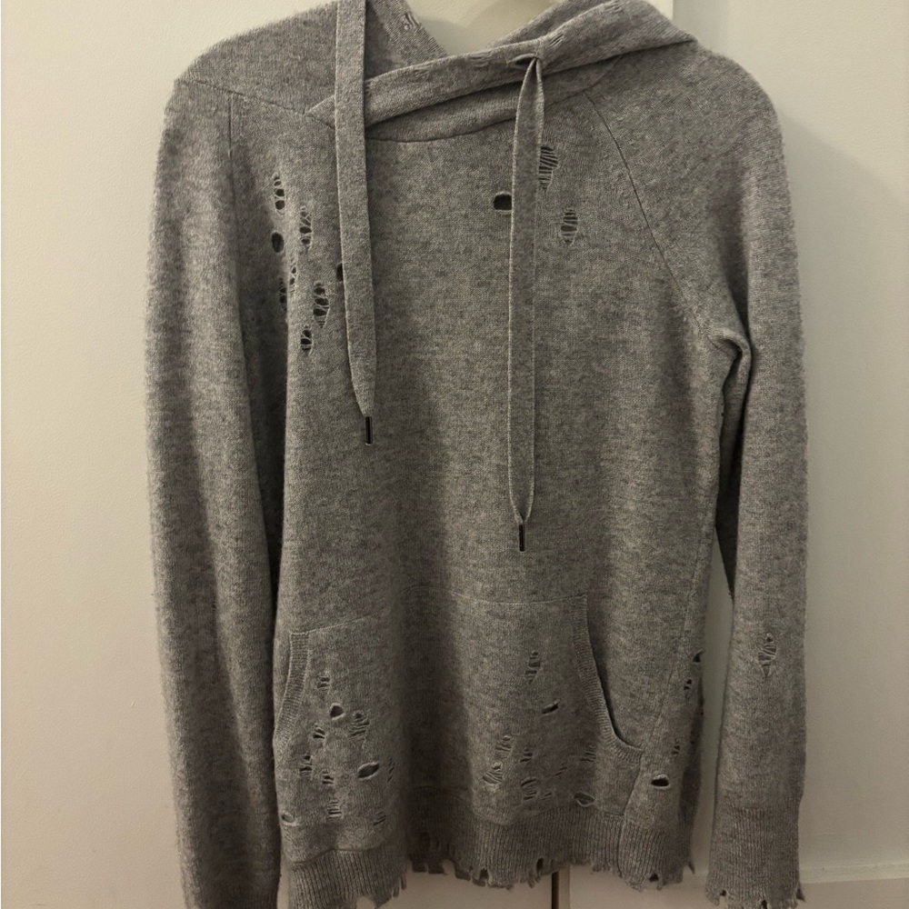 Distressed grey cashmere hooded sweater